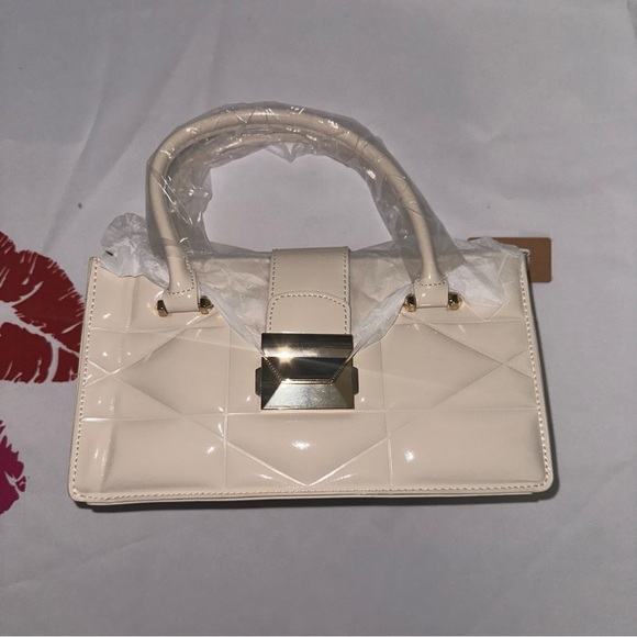 Ivory Faux Patent Leather Convertible Top Handle Swing Bag - Picture 10 of 12